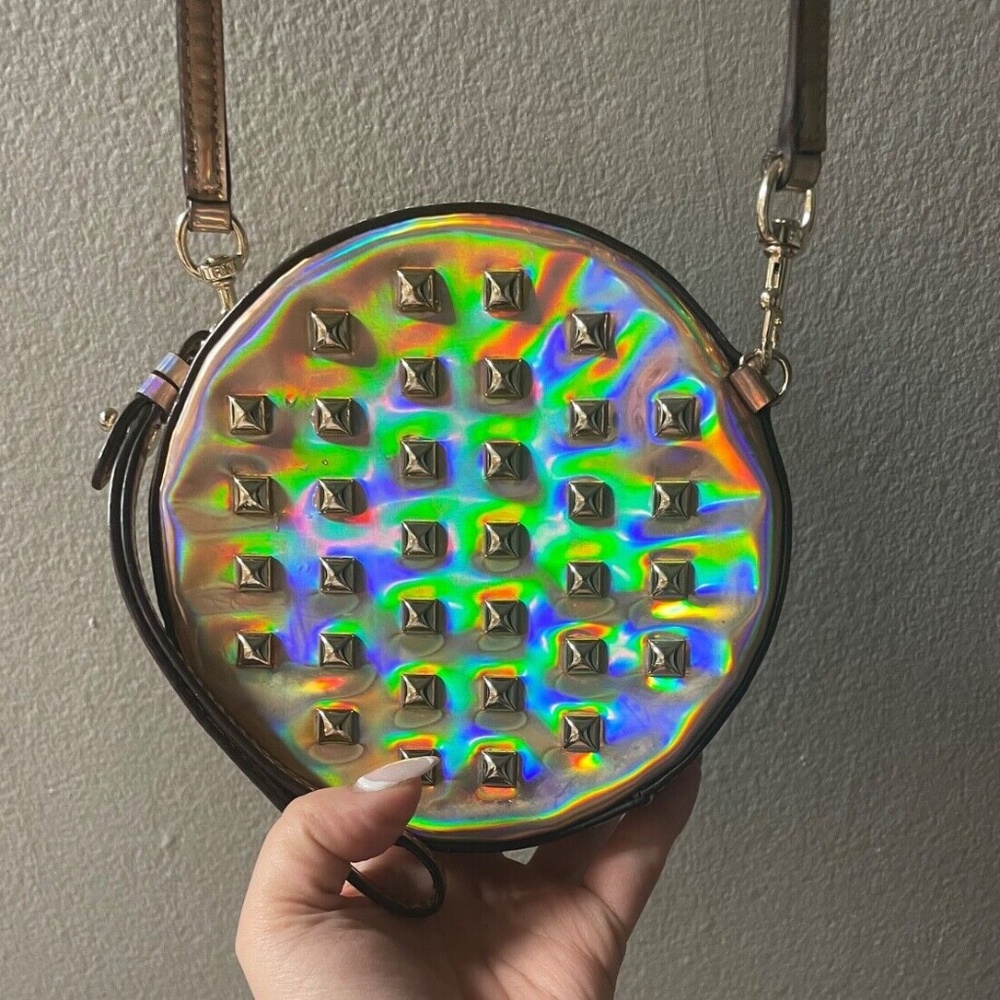 Rebecca Minkoff round studded iridescent purse orange funky unique